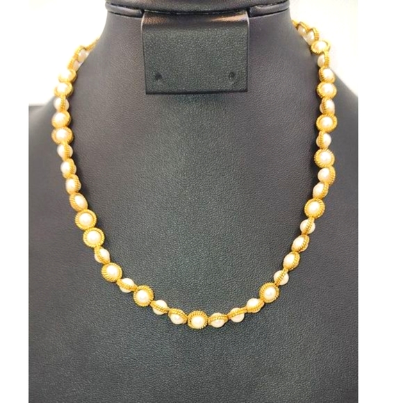 Vintage Orbit Faux Pearl Necklace with Gold Tone Chain - Picture 1 of 4